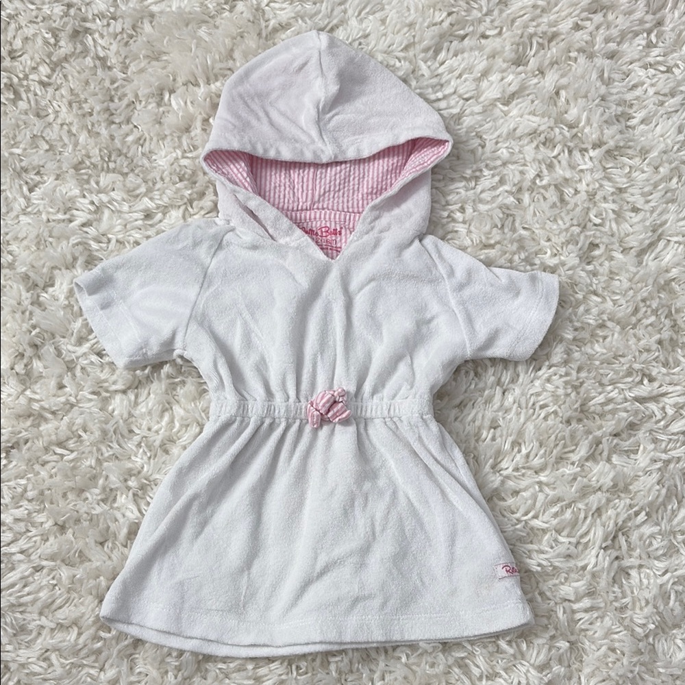 RuffleButts® Girls White w/Pink Seersucker Terry Hoodie Swimsuit Cover-Up 12-18